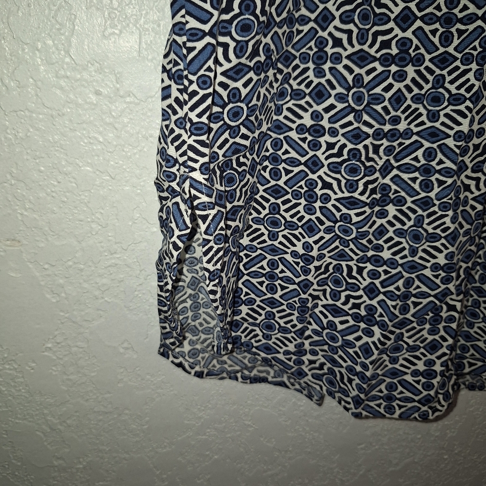 Loft blue geometric sundress Cinch waist long sleeve swing dress Medium - Picture 8 of 13